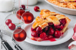 cherry pie and christmas ornaments